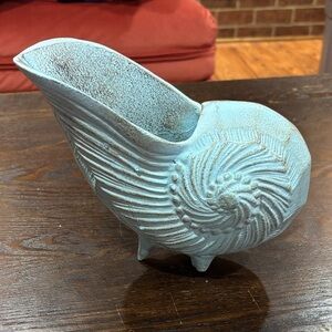 Nautical Blue Cast Metal Nautilus Shell Vase